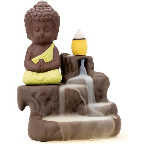 Røgelsebrænder, røg, vandfald, tilbagesvalingsstativ, keramisk porcelæn, Buddha-statue, lille munktårn, konisk stang, askeopsamler, med 20 tilbagesvalingsrøgelse