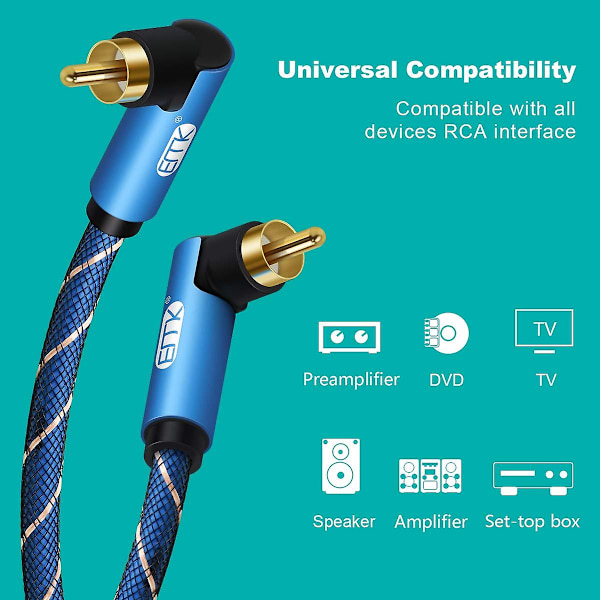 90 Graders Subwoofer Kabel Retvinklet RCA til RCA Lydkabel 24k Forgyldt Digital Koaksial RCA Snor til Hjemmekino, HDTV, DVD