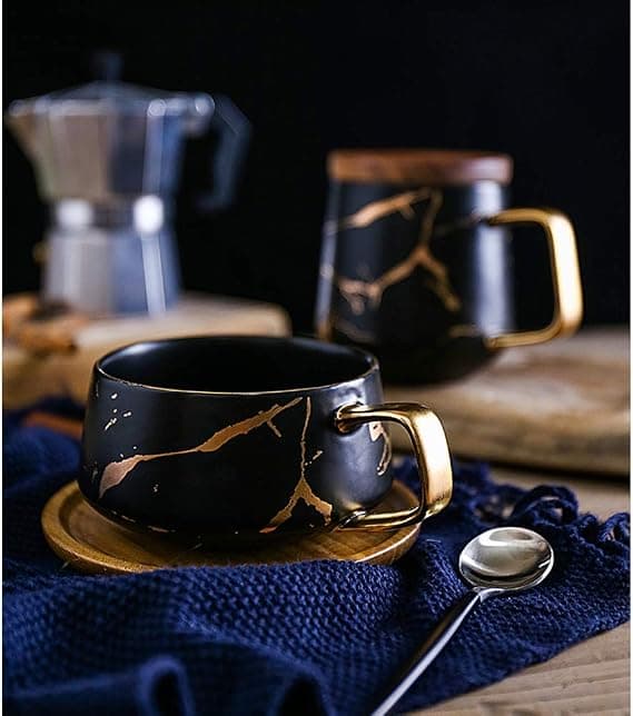 Kaffekop, Tekop, Keramikkop, Guld Design, med Træunderkop (sort)