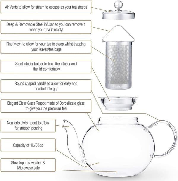 Hiware Glas Tekande Med Aftageligt Rustfrit Stål Låg & Infuser