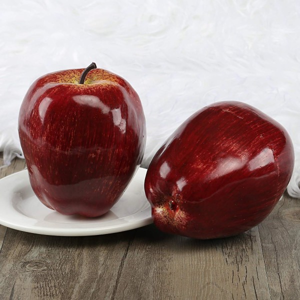 6 stk kunstig rødt eple falsk frukt hus kjøkken festdekorasjon, faux store røde epler, 7,5*8,5 cm