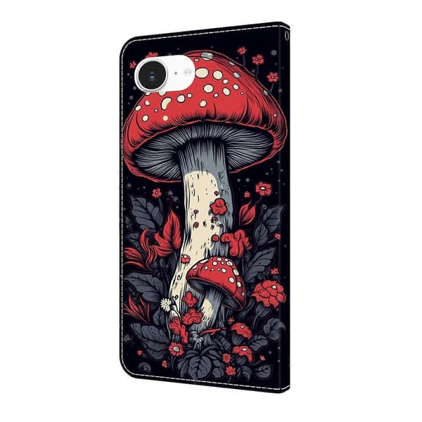 För iPhone 16e Läderfodral Mönstertryck Plånboksställ Flip Telefonfodral Red Mushroom