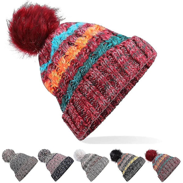 Vintermössor - Beanie Hatt Kabelstickad Hatt Ull Termisk Färgglad Konstpäls Bomull