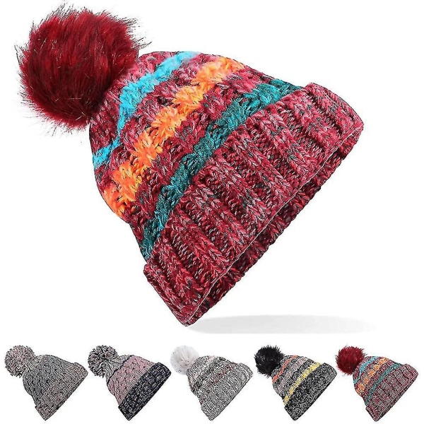 Winter Bobble Hats - Beanie Hat Kabel Stickad Mössa Wooly Thermal Färgglad fuskpäls Bobble