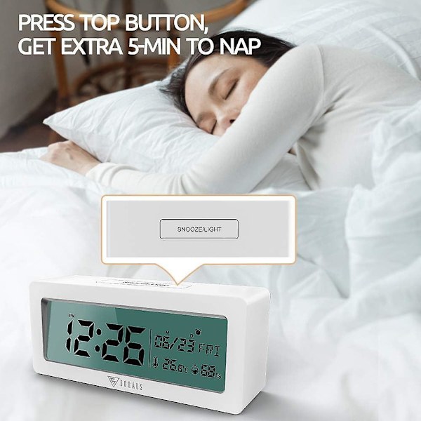 Digital vækkeur med termometer & luftfugtighedsmåler - Baggrundsbelysning, Snooze, Batteridrevet (Hvid)