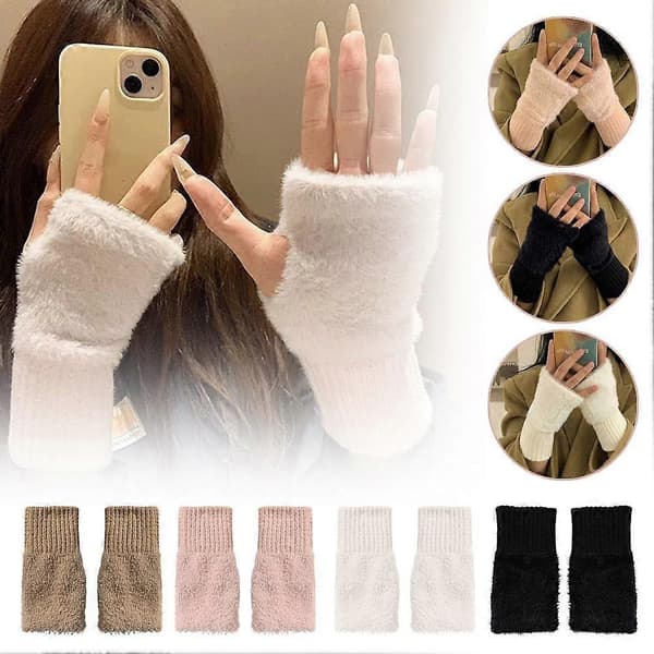 Halvfinger Plys Handsker Til Kvinders Vintervarme Strikkede Handsker;'/ C4O7 White One size