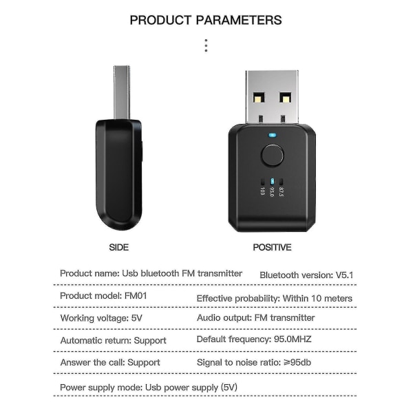 Bil Trådløs FM-sender Bluetooth-kompatibel 5.1 FM Radio Modulator Kit Ingen forsinkelse Støyfri Håndfri Lydadapter