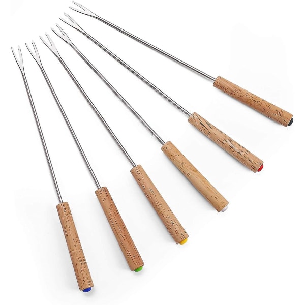 Sæt med 6 fonduegafler i rustfrit stål med træhåndtag Varmebestandig 24 cm