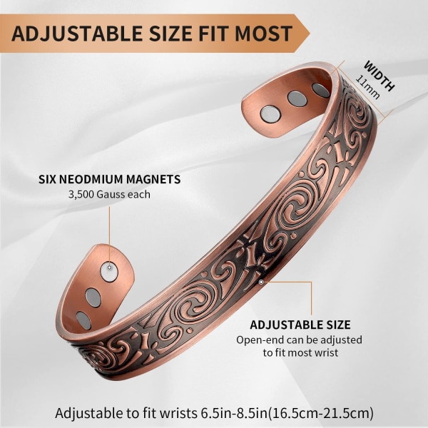 Koppararmband för män, magnetiskt armband av 99,9 % ren koppar med 6 kraftfulla magneter, armband i kopparmanschett