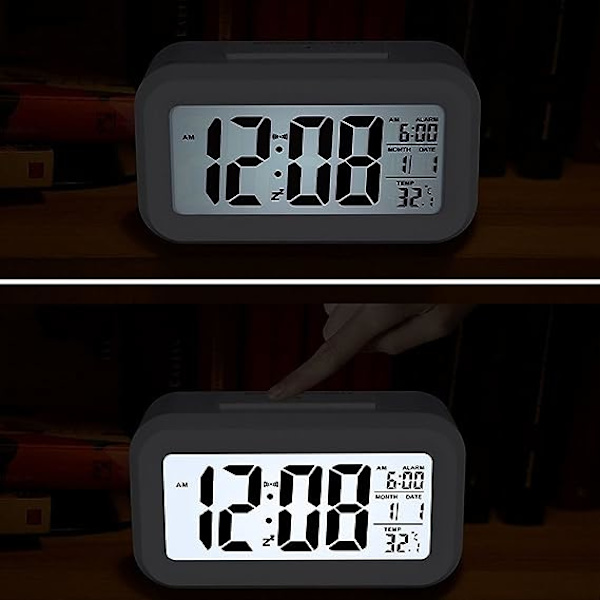 Digitaalinen herätyskello, monitoiminen LCD-elektroninen kello, jossa suuri näyttö, paristokäyttöinen, taustavalaistu anturikosketus LED-kello, jossa aika ja lämpötila