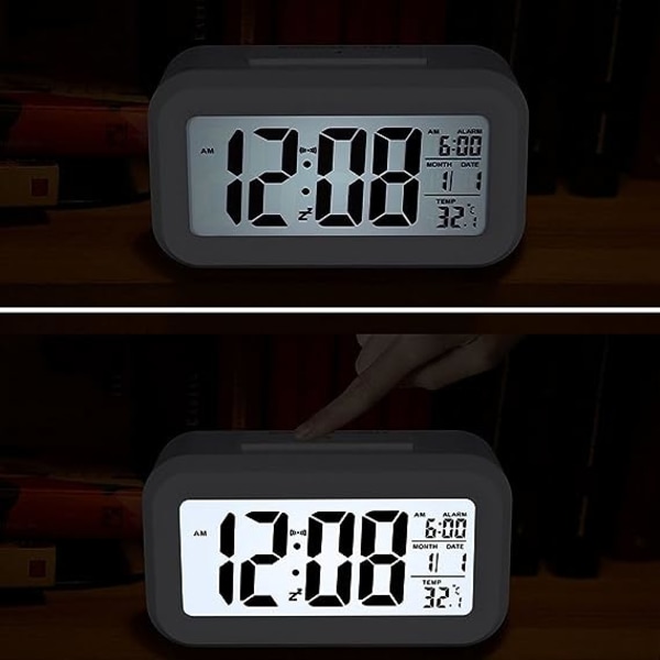 Digital väckarklocka, multifunktionell LCD elektronisk klocka med stor skärm batteridriven, bakgrundsbelysning sensor touch LED-klocka med tid temperatur da