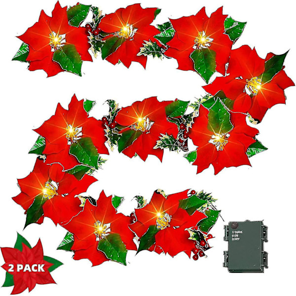 2-pack 2m julstjärna blommor girlang dekorationer, 10 LED-upplysta konstgjorda sammetsband