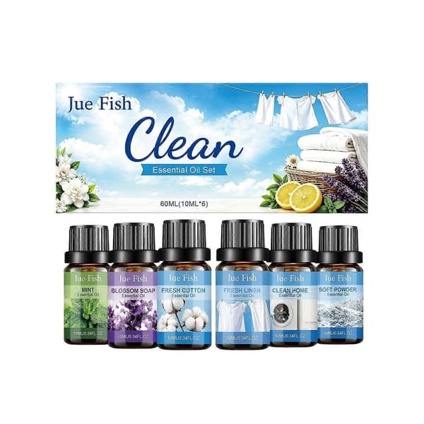 Rent og friskt eteriske oljer sett 610ML, LaundryStyle duftoljer for diffuser luftfukter, blandbare duftoljer for hjem og vask 6 x 10ML