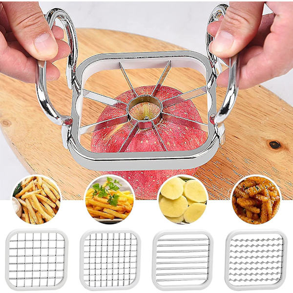 Kartoffelskærer, 5 i 1 rustfrit stål kartoffel frugt skærer chipper chopper maker, rustfrit stål æblekerne skærer pærer