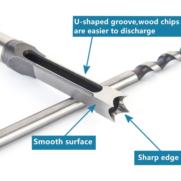 Høykarbonstål Trearbeider Kvadratisk Hull Bor Bits Mortise Meisselsett, Trebearbeiding Hull Sag Verktøy Mortise Meissel Bor Bits Sett (3/8 Tommer (9,5 mm))