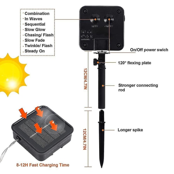 Solcelled Lyslenke, 7 meter 50 LED 8 Mønstre for Hage, Hage, Landskap, Juletrepynt
