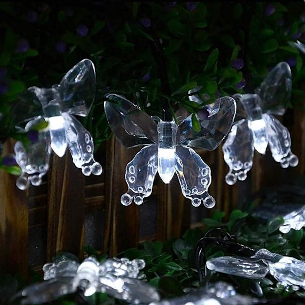 Solcelle-lyslenke, Vanntett 16ft 20LED Sommerfugl Juleleker Lys Dekorativ Belysning for Hjem Fest Bryllup Patio Hage Veranda Balkong (Hvit)