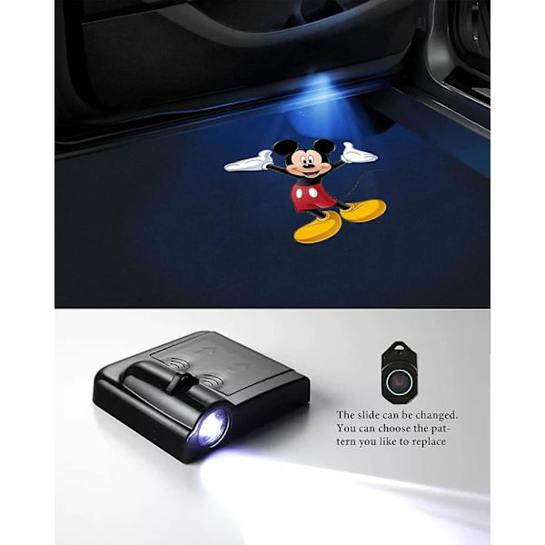 2 stk. Bil Dørlys Logo Projektor til Mickey Mouse Bil Dør Projektorlys Velkomst Hilsen Spøgelses Skygge Lampe Universal Trådløs