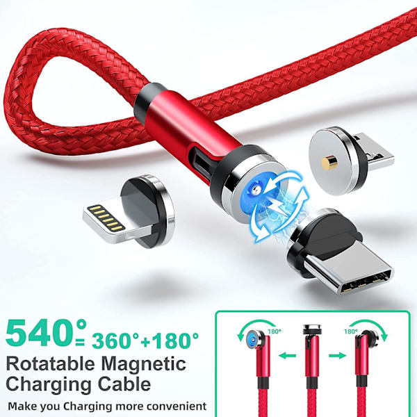 Magnetisk Laddningskabel, 360 och 180 Graders Rotation, 5-i-1 Magnetisk Telefonladdningskabel, 3-pack [0,9m/1,8m/3m] 3A Snabbladdningskabel