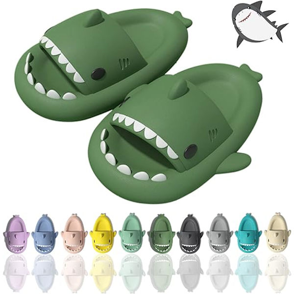 Tecknade hajtofflor, halkfria tjocksulade strandtofflor, snabbtorkande roliga pooltofflor dark green 40/41
