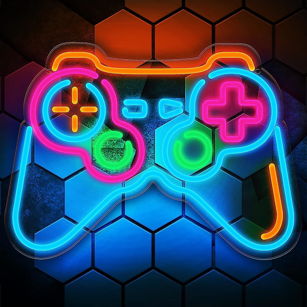 Gamer neonskyltar för man grottväggdekor, blå spelkontrollkontrollformad led neonskylt spel 6 dimbara spelneonljus för tonåringar
