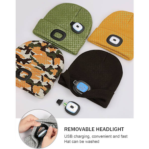 LED-pipo valolla, unisex USB-ladattava otsalamppu talvinen neulottu hattu lahjat miehille isälle aviomiehelle hänelle (tumma oranssi)