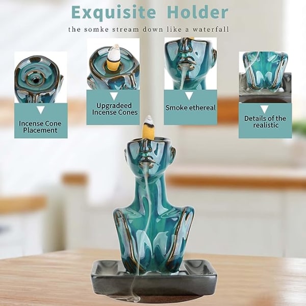 Statue Reflux Røgelseholder Aromaterapi Brænder Vandfald Aromaterapi Dekoration Hjemmedekoration med Duftkegle og Røgelsespind (Blå)
