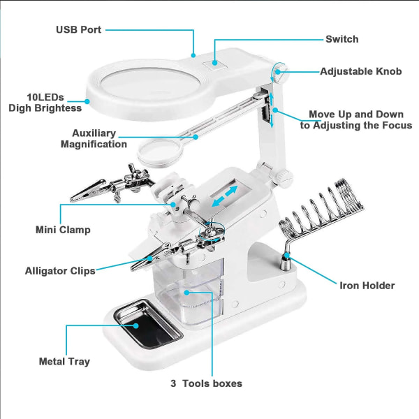 Lödklämma med förstoringsglas, 3X 4.5X 25X Förstoringsglas med LED-lampa, Juvelerarens Lupp med Klämma och Alligator C