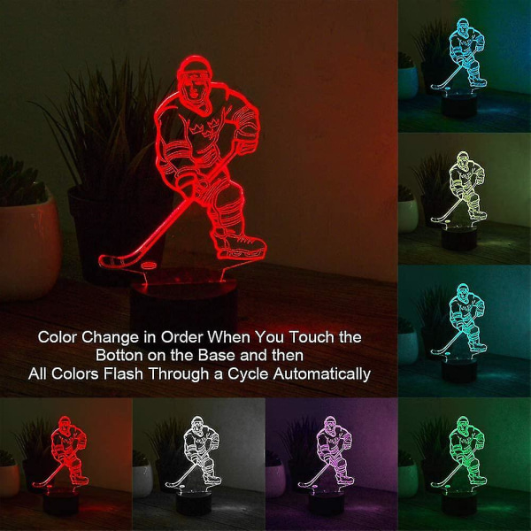 Hockey Player Night Light, Hockey 3d Lamp Lighting Lights For Kids 7 LED Color Changing Touch Bordsbordslampor Coola leksaker Presenter Bir
