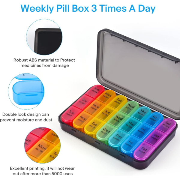 7 dagers pilleboksorganisator 3 ganger daglig medisinoppbevaringsboks, uke Medisinering Tablettorganisator Fuktsikker BPA-fri reisedoseboksdispenserkasse