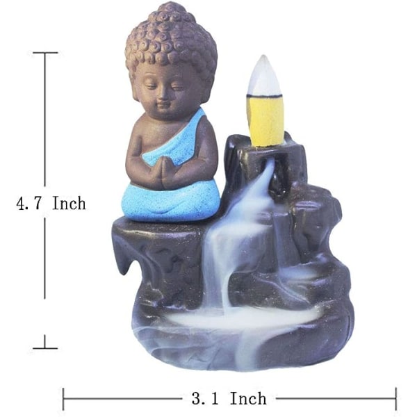 Rökelsebrännare rök vattenfall reflux staty keramik keramisk Buddha staty liten munk torn konisk stång asksamlare med 20 reflux rökelse kon (blå