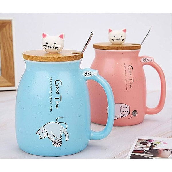 Søde Keramik Katte Kopper med Ske og Trælåg, Tekop Kaffe Vand Mælk Kop til Hjem Kontor Drikkevarer Gave (Pink)