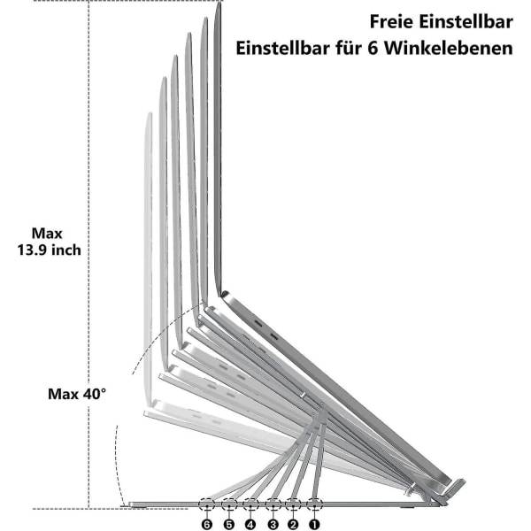 Laptopstativ, ventilerat laptopstativ i aluminium med 6 nivåer justerbart ergonomiskt laptopstativ