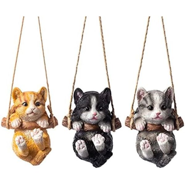 Söt liten kattfigur i resin, gunga, utomhus, trädgård, hem, kontor, rum, hängande dekoration, statyett, husdjursdekoration med snöre (svart)