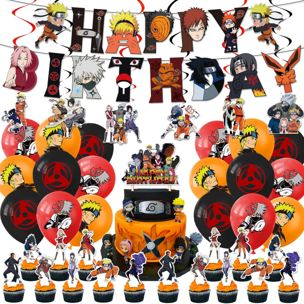 Naruto-tema födelsedagsprydnader, 48 delar Naruto födelsedagsprydnader, Naruto-tema ballonger, Naruto-banderoller, Naruto cupcake-toppar, för