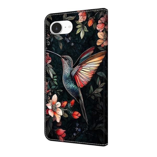 För iPhone 16e Läderfodral Mönstertryck Plånboksställ Flip Telefonfodral Green Magpie