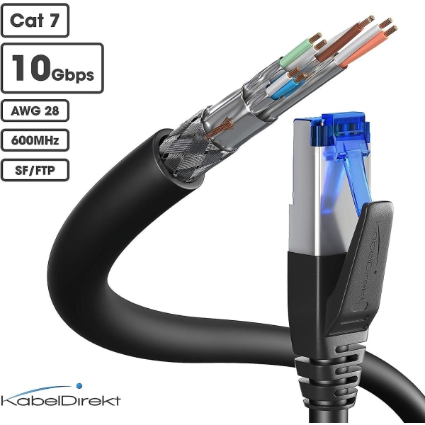 Cat 7 Ethernet-kaapeli erittäin turvallisella kolminkertaisella suojauksella, Internet-kaapeli ja LAN-kaapeli – 5 m (rikkoontumaton verkko-kaapeli, 10 Gbit/