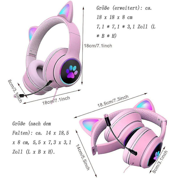 Taitettavat kissakorva-pelikuulokkeet RGB LED -valolla, stereokuulokkeet mikrofonilla, USB 3,5 mm:n langalliset pelikuulokkeet lapsille ja aikuisille