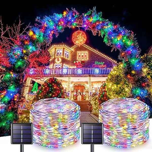 2-pack solar julbelysning utomhus vattentät, 39,4 fot 100 LED solar String Lights, 8 lägen Multicolor koppartråd Mini Solar Fairy Lights för Chris
