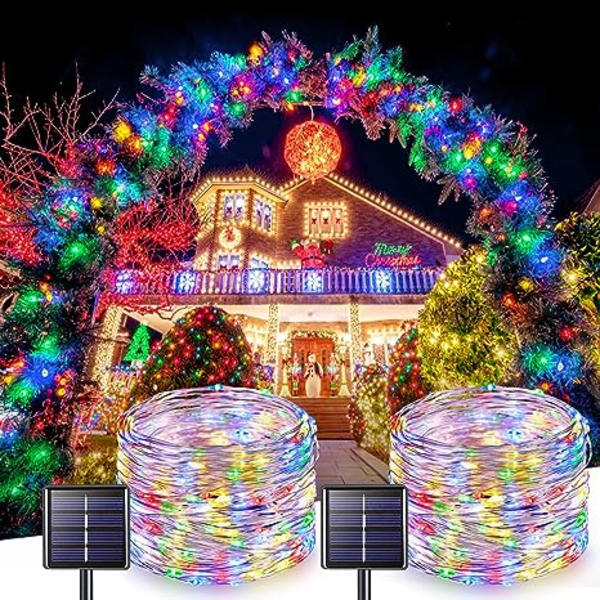 2 Pakkaa Aurinkovoimalla Toimivia Jouluvaloja Ulkokäyttöön, Vedenkestäviä, 39,4ft 100 LED Aurinkoketjuvaloja, 8 Tilaa Monivärisiä Kuparilanka Mini Aurinkokuumailoja Jouluun