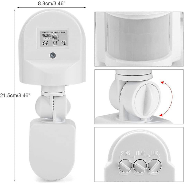 110v-240v Justerbar Bevægelsessensor Infrarød Sensor Detektor Pærekontakt (hvid)