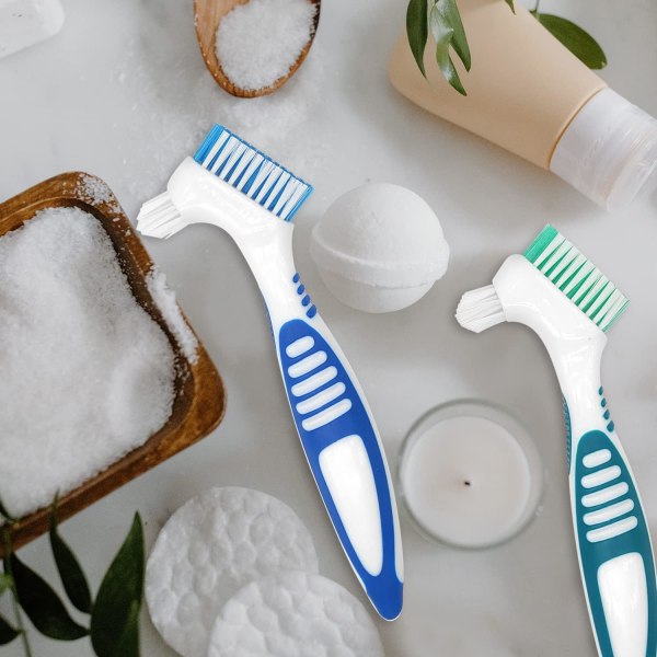 Hammasproteesiharja, hammasproteesin set tekohammasharja kiinnikkeiden puhdistamiseen (sininen ja vihreä)