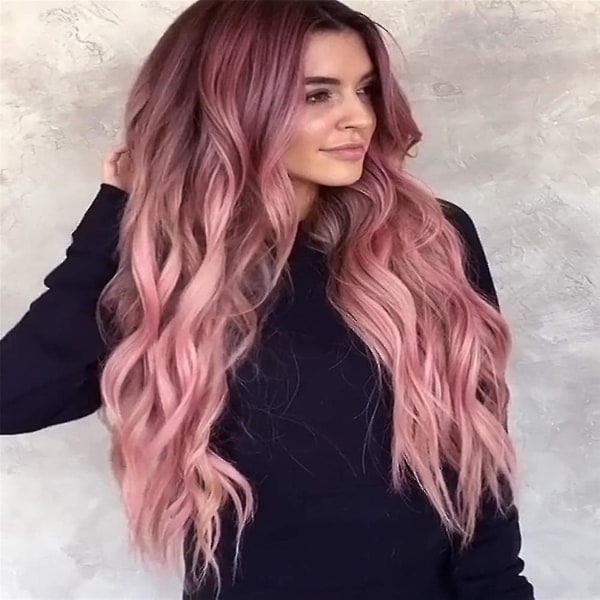 Fargerike lange rosa parykker for kvinner Naturlig syntetisk hårparykk med mørke røtter