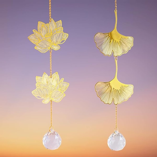 2 stykker Crystal Suncatcher, Ginkgo & Lotus Leaf Krystal Vindue Prisme Hængende Ornament Hjemmehave dekoration