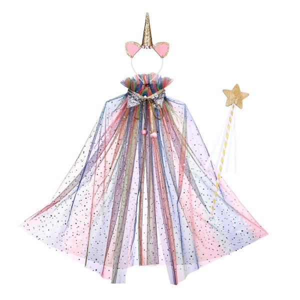 Soimiss Regnbuekappe Enhjørning Hodeplagg Fe-stavsett Fargerikt Unikt Kappe & Hår & Fe-stav Kostymetilbehør For Cosplay Dansing Fest Ball (c