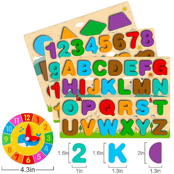 Pussel för barn 3-5 år, trä-ABC-alfabetet, siffror, former och analog klocka