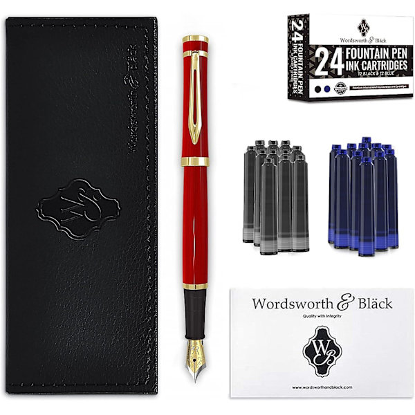 Fountain Pen Sæt, 18k Forgyldt Ekstra Fin Nib, Inkluderer 24 Pakke Blækpatroner, Blæk Påfyldningskonverter & Gaveæske, Guld Finish, Kallig