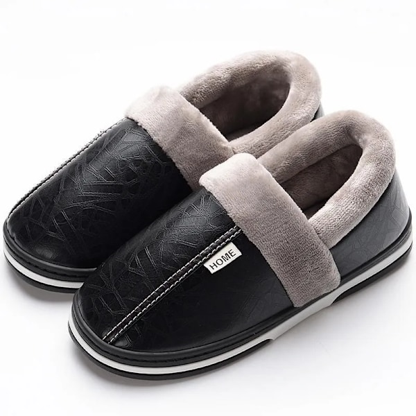 Herreslippers i imiteret pels - varme, vandtætte, indendørs, flade klipklappere, soveværelsessko, sorte, store størrelser 50-51 Black2 48-49