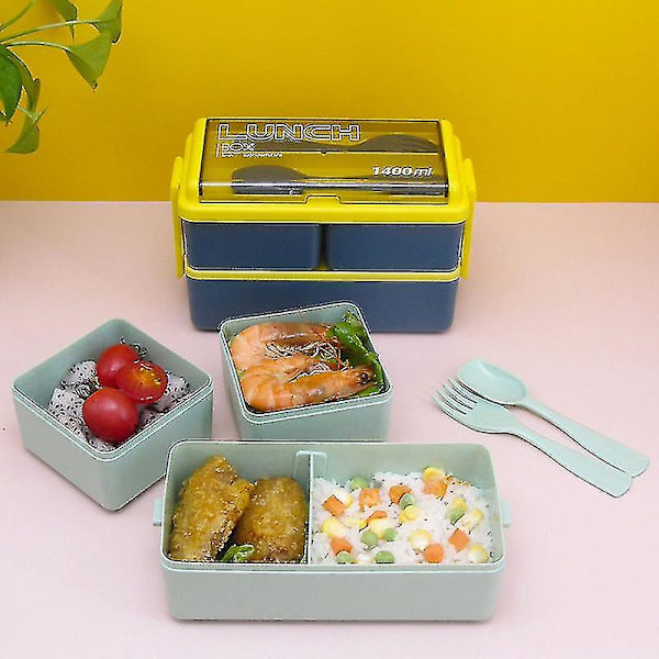 Japansk stil Dubbellagers Plast Lunchlåda Mikrovågsugn Fack Lunchlåda Tät Isolering Student Lunchlåda - Färg: Grön