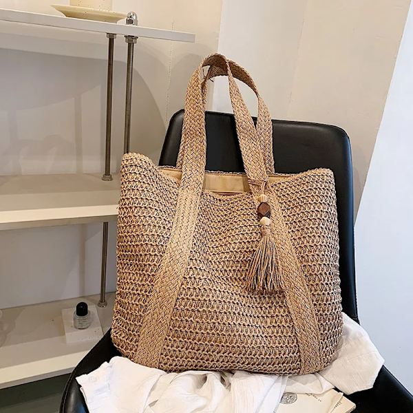 Kvinde Vævning Skuldertaske Håndlavet Halm Strandtaske Stor Kapacitet Rejsetaske Kvast Taske khaki